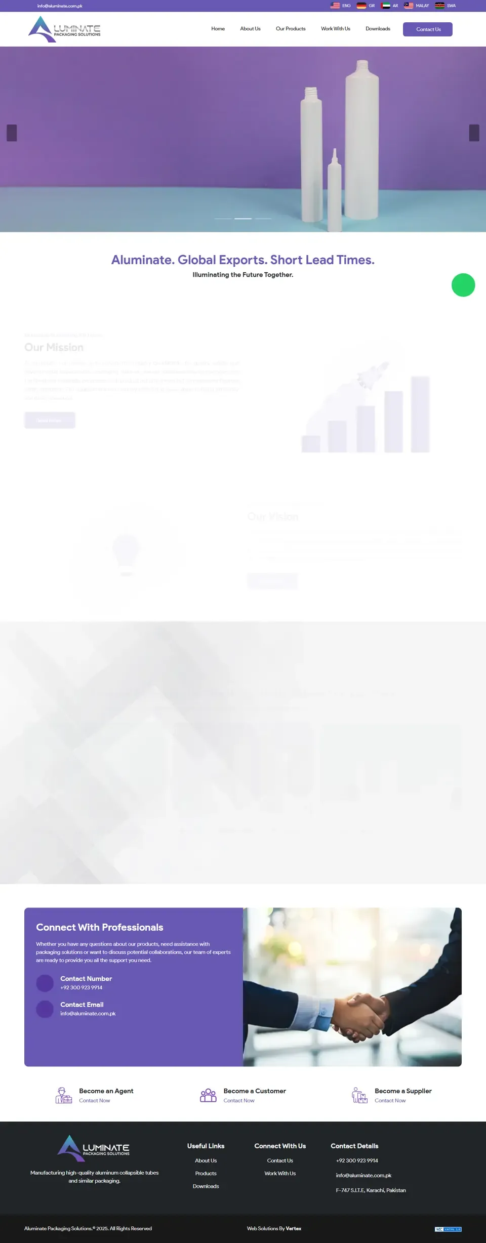 Full Aluminate Packaging Solutions home page on desktop, top to bottom