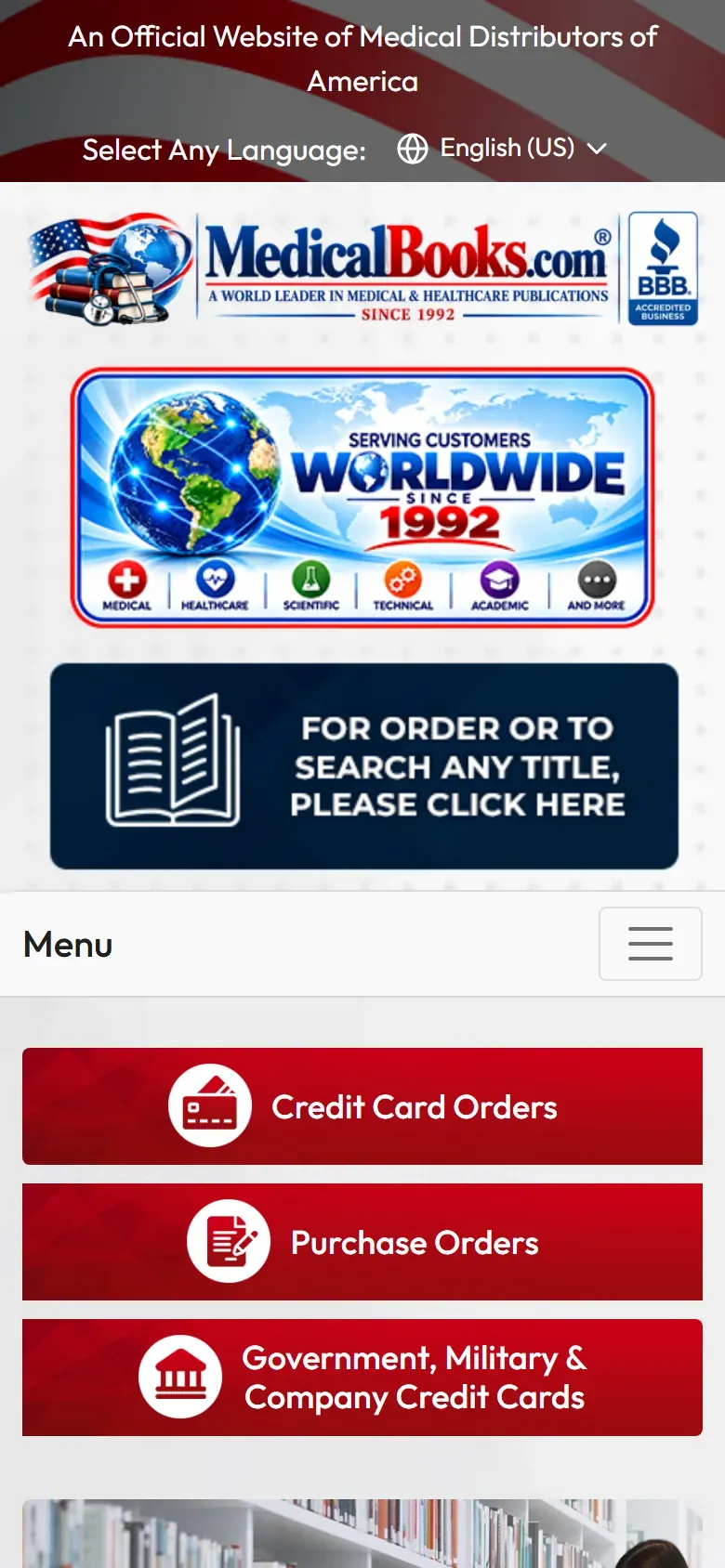MedicalBooks.com (Medical Distributors of America) website on a phone