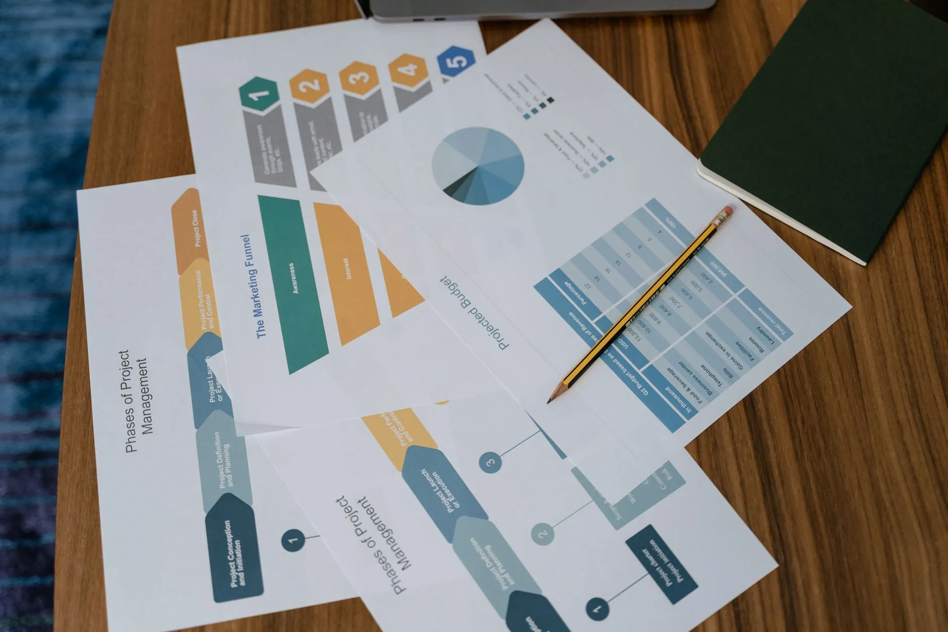 Printed project documents and charts on a desk, the kind of white label SEO work handed back to an agency