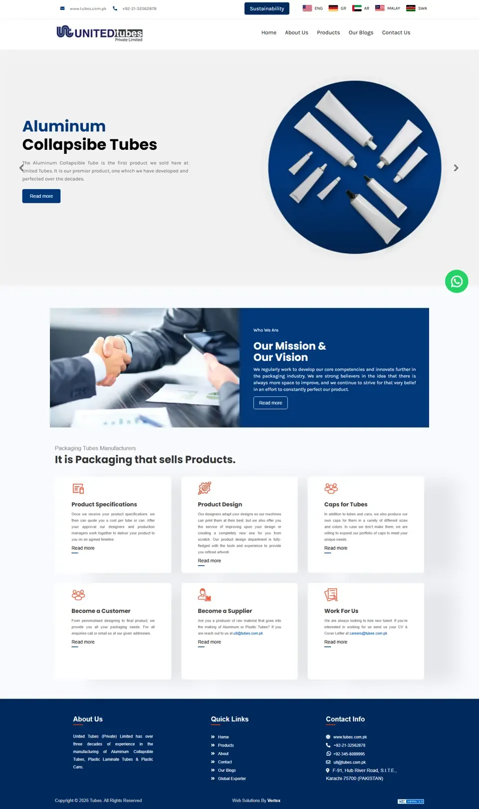 Full United Tubes (Private) Limited home page on desktop, top to bottom